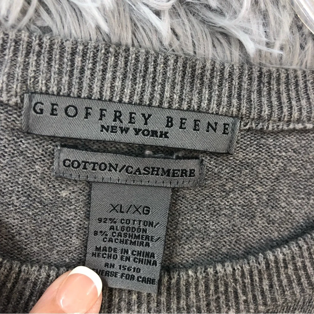 Geoffrey Beene Sweater XL Cashmere Cotton Gray Diamond Crew Neck Long Sleeve